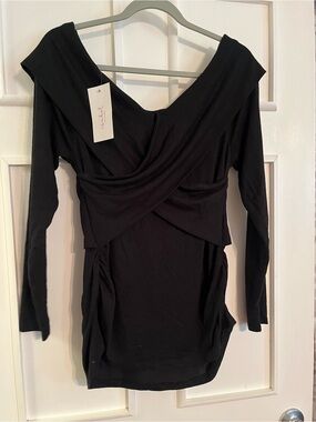 Women's Black Off-Shoulder Long Sleeve Draped Top